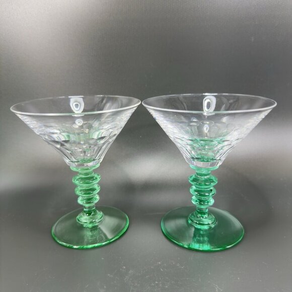 Seneca Theodule Clear Top Green Uranium Stem Optic Cut Top Sherbets Cups Set 2 - Picture 12 of 14